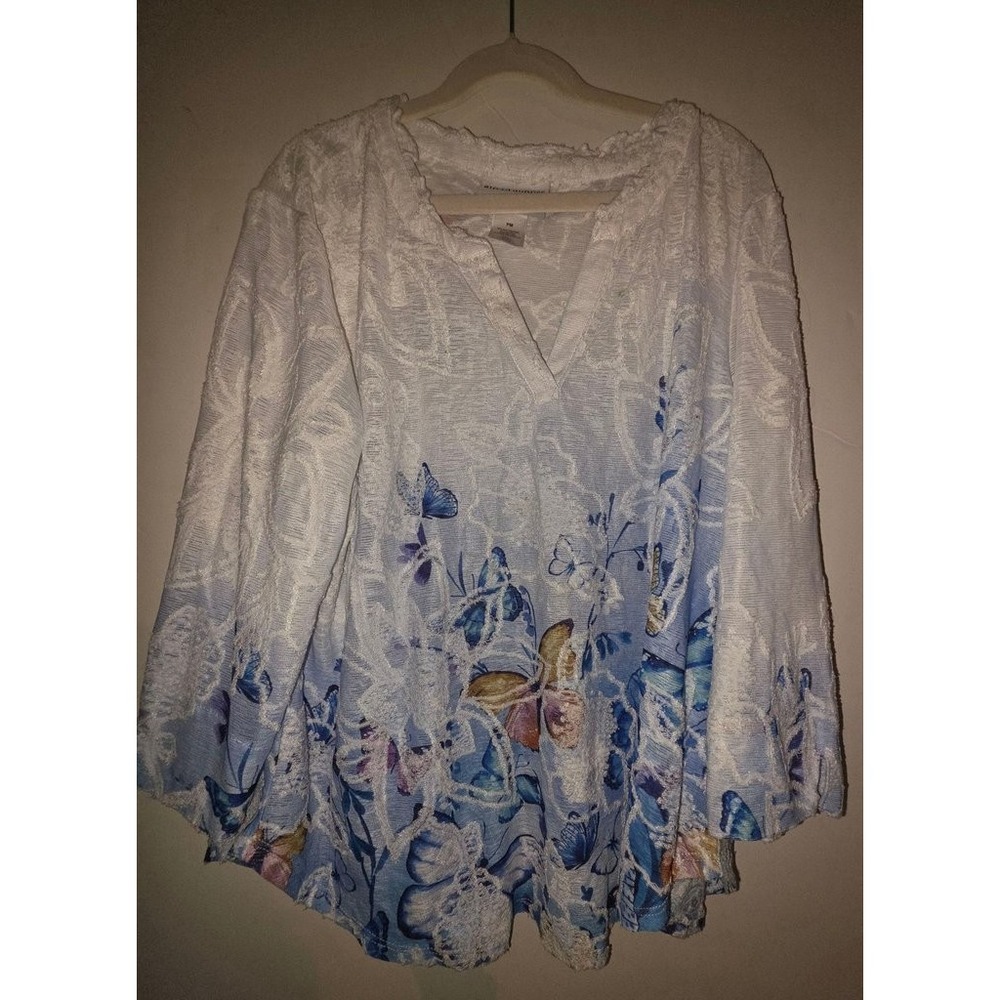 Alfred Dunner Women Floral Lace Butterfly Blouse Blue White Petite Medium PM